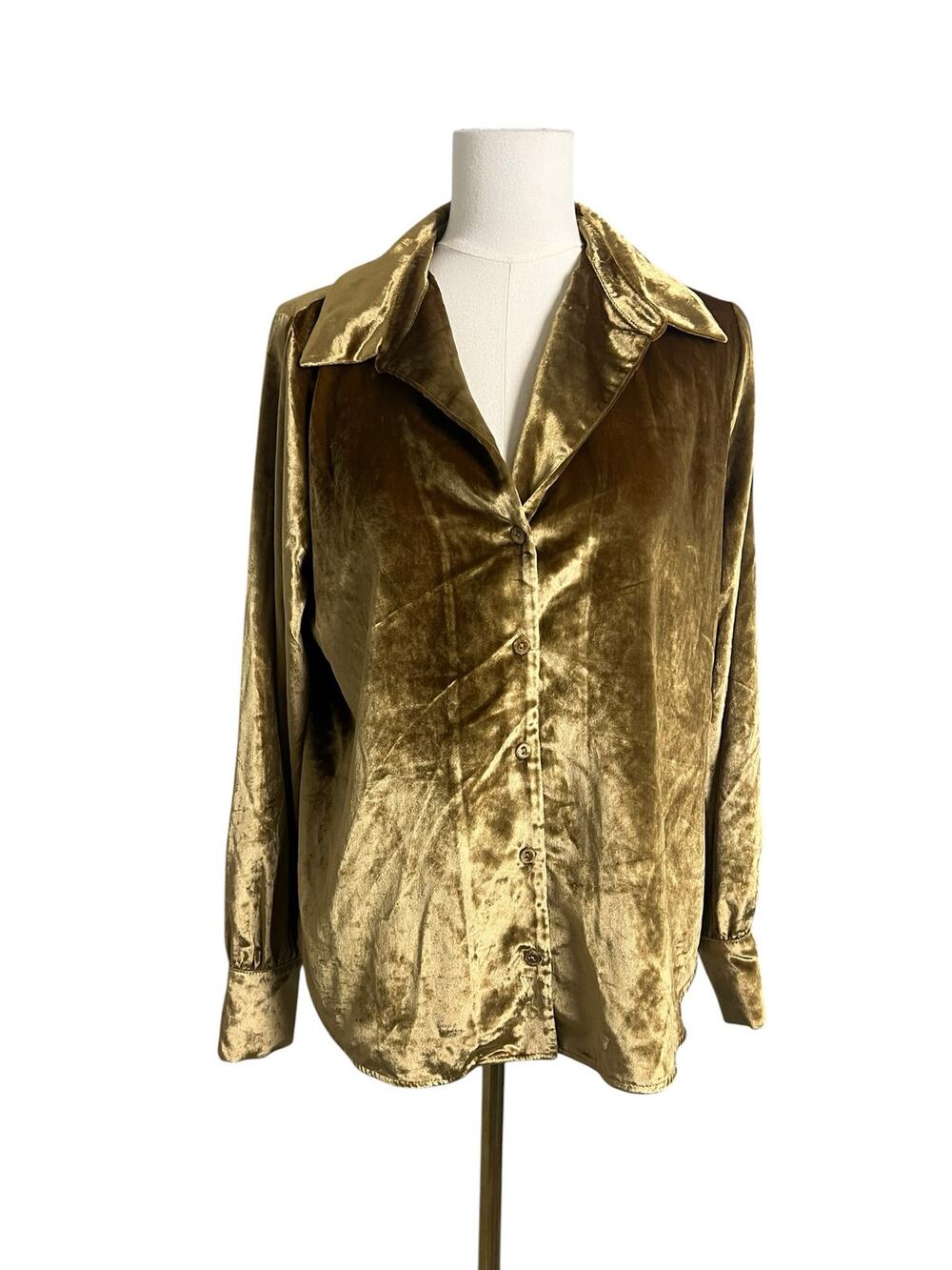 WHBM White House Black Market Gold Velvet Button Front Blouse Medium